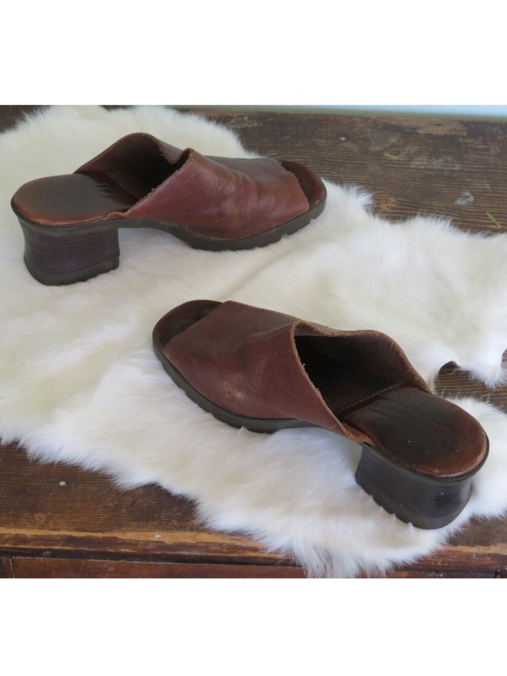 Vintage leather slide mule chunky heel slip-on